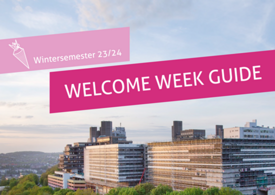 Eine Grafik zur Welcome Week mit Campusbild und Schriftzug